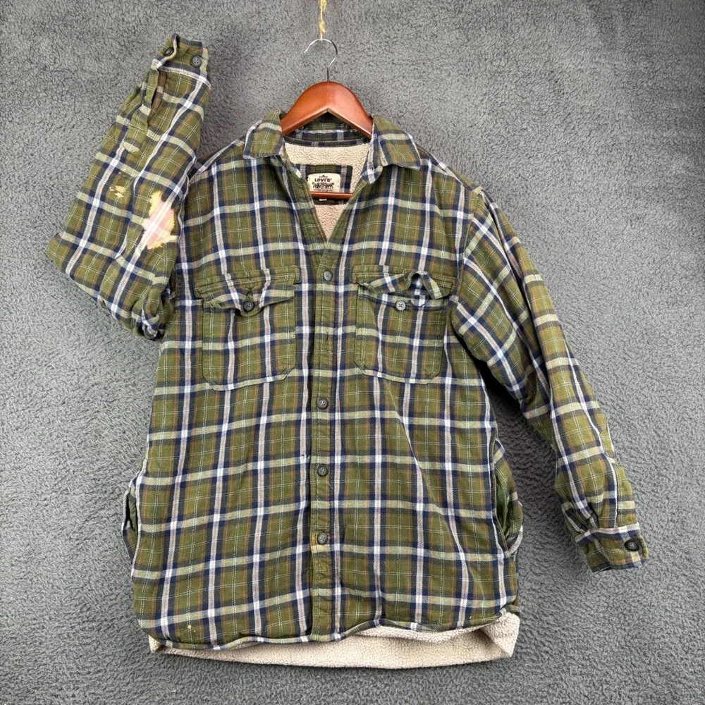 Levis Mens Sherpa Lined Flannel Shirt Jacket Medium Distressed Bleached - Picture 1 of 9